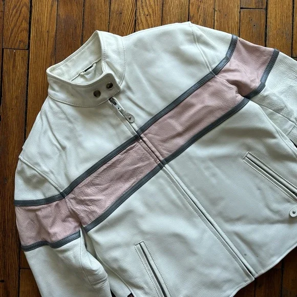 VTG 1990s Hot Leathers Motorcycle CAFE RACER Jacket XL White Pink RACING Stripe‎